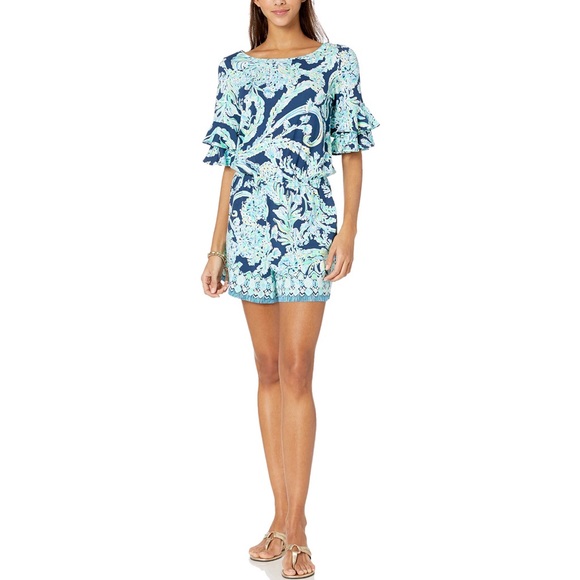 LILLY PULITZER Lula Romper High Tide Navy Scuba Doo Engineered Shorts Romper - Picture 4 of 13